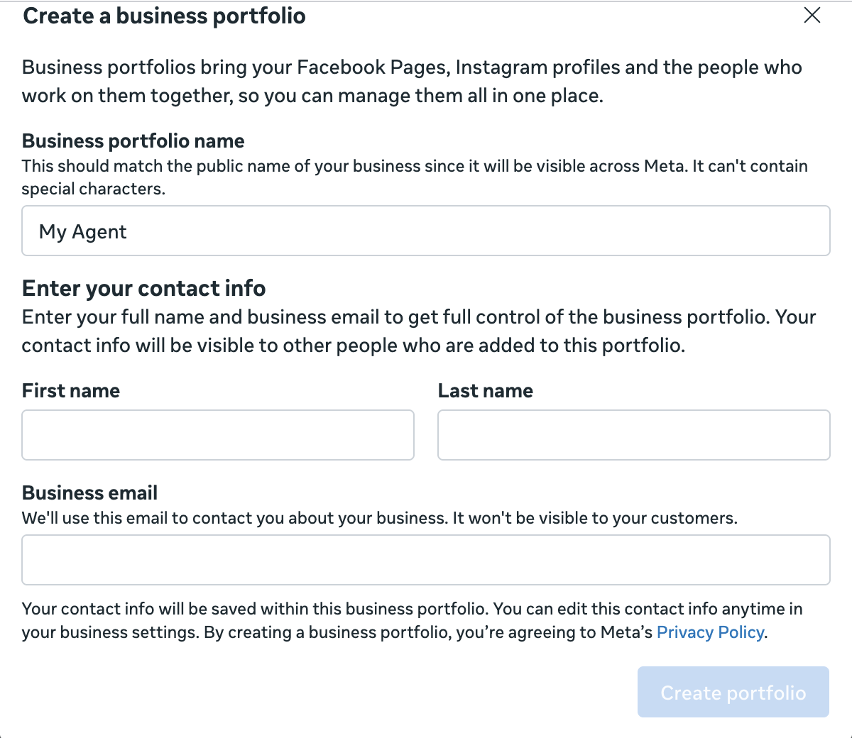 The Create a business portfolio dialog