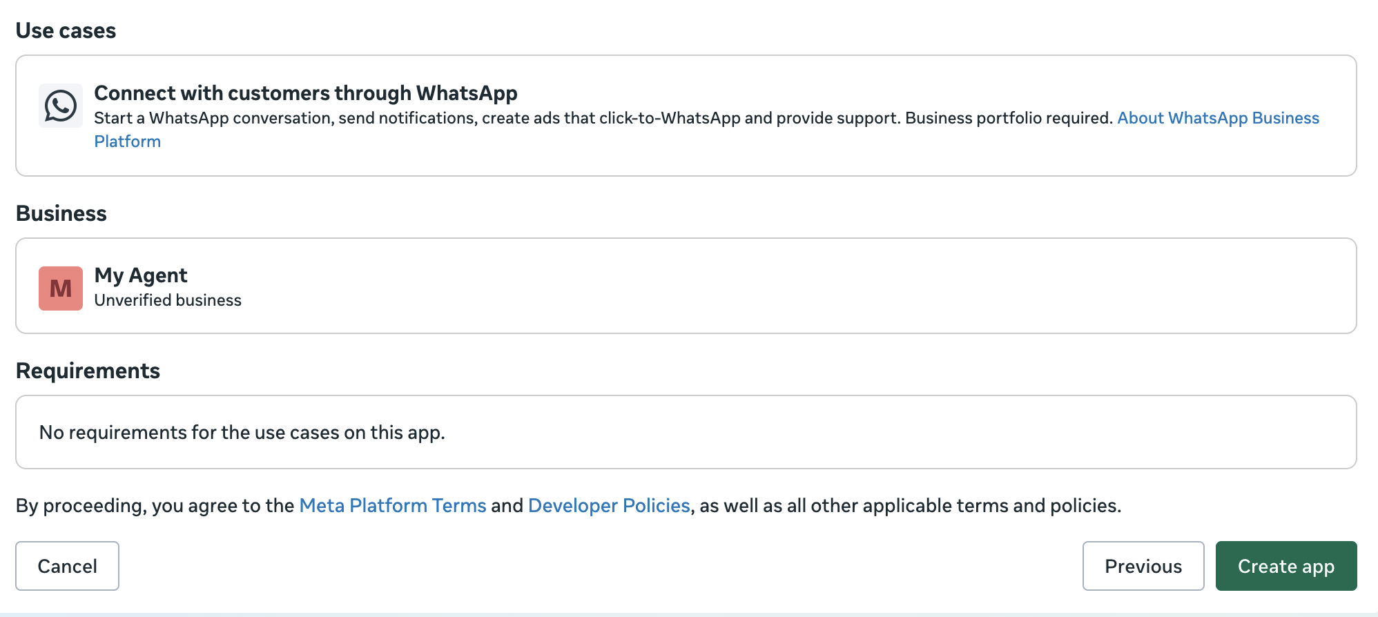 The review screen showing the WhatsApp use case, the business portfolio and the Create app button
