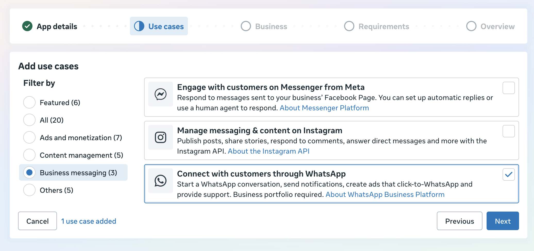 The use case picker with Business messaging and Connect with customers through WhatsApp selected