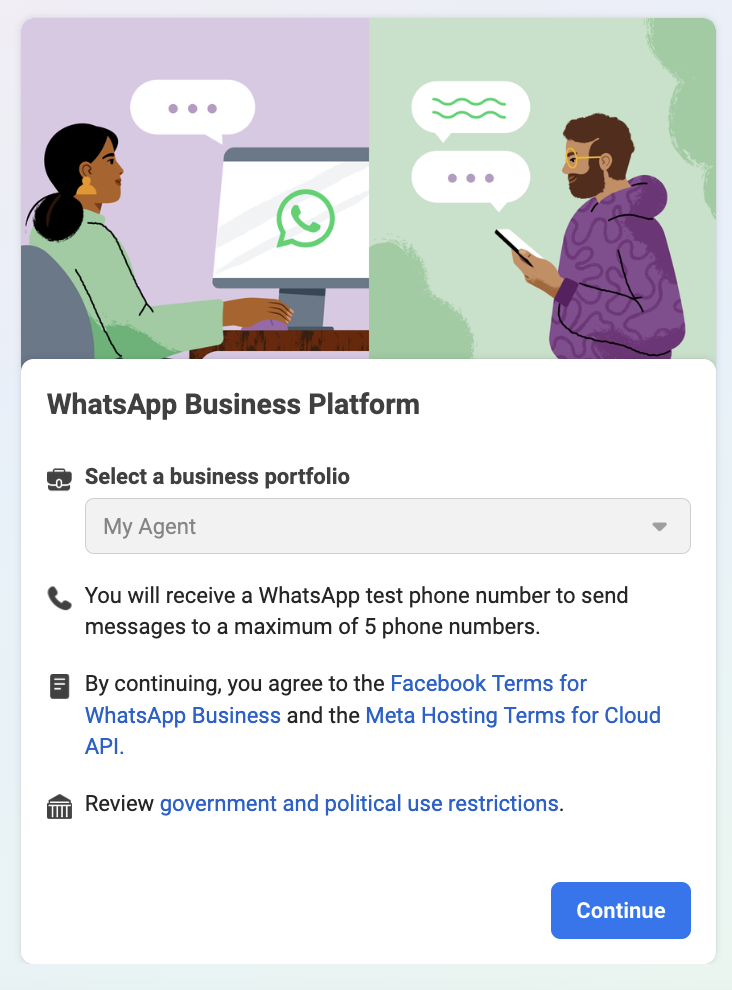 The WhatsApp Business Platform panel with the business portfolio dropdown and a Continue button