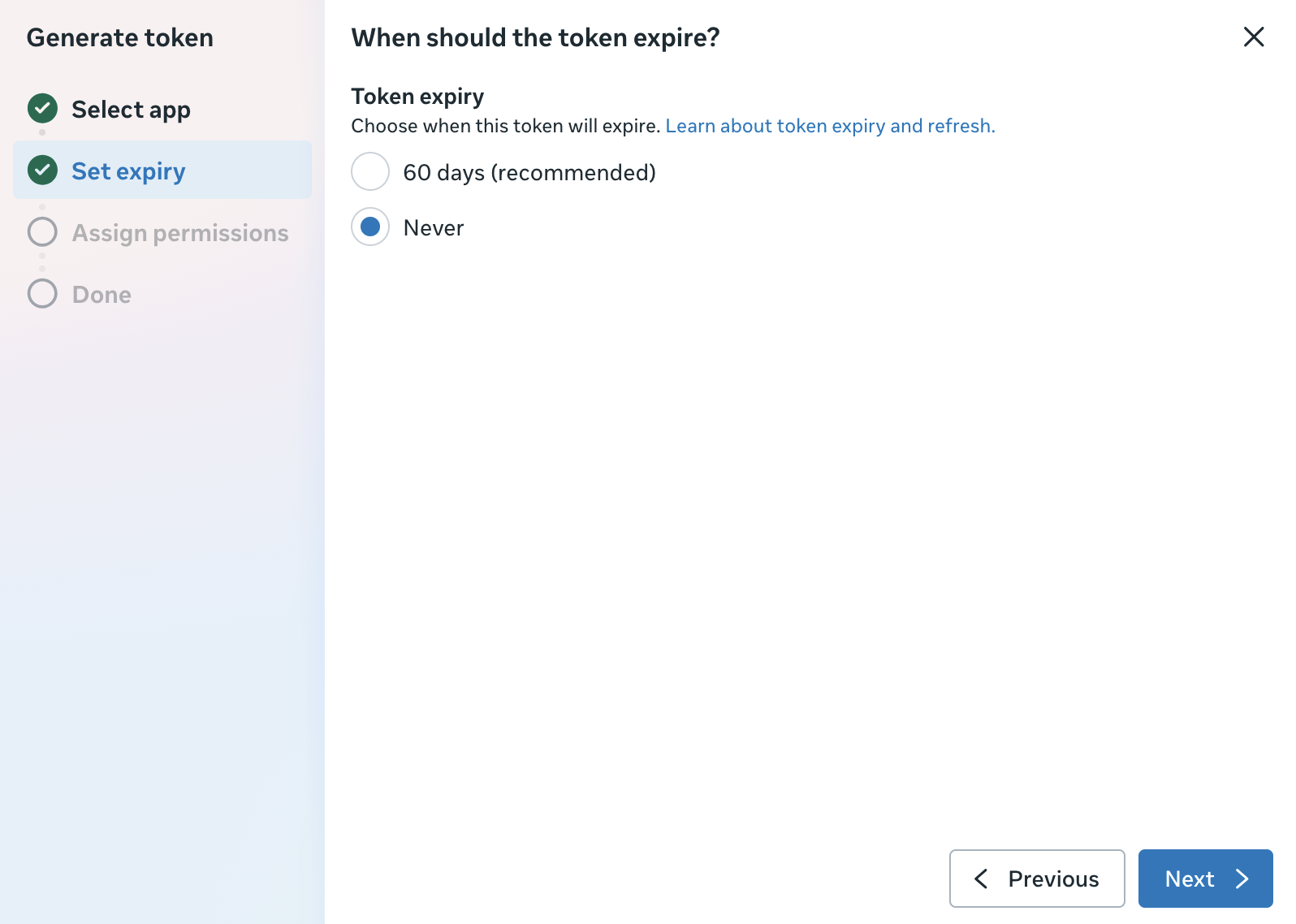 The token expiry screen with Never selected